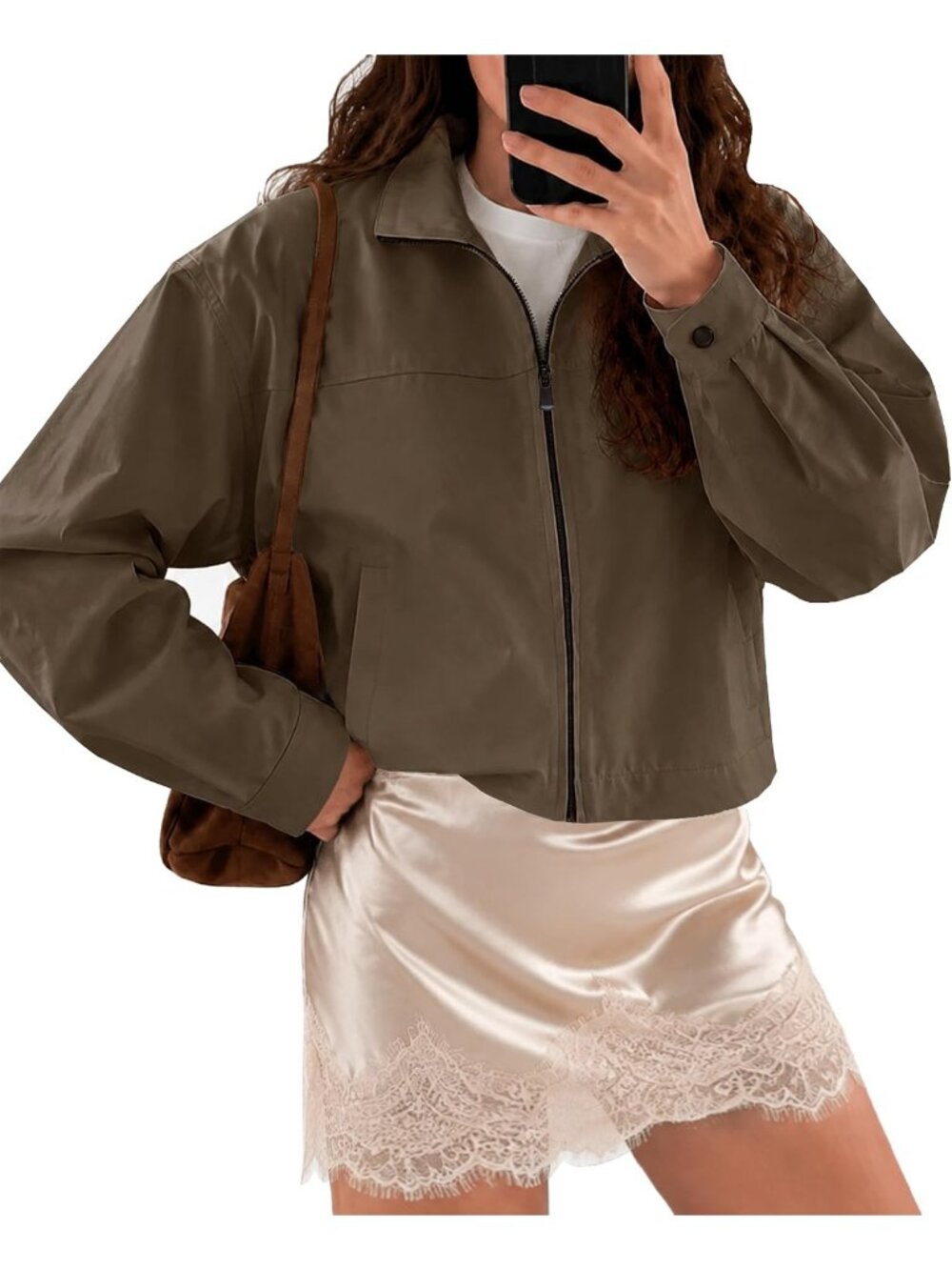 Women Brown Polyester Funnel Neck Drawstring Hem Split Sleeve Bomber Jacket